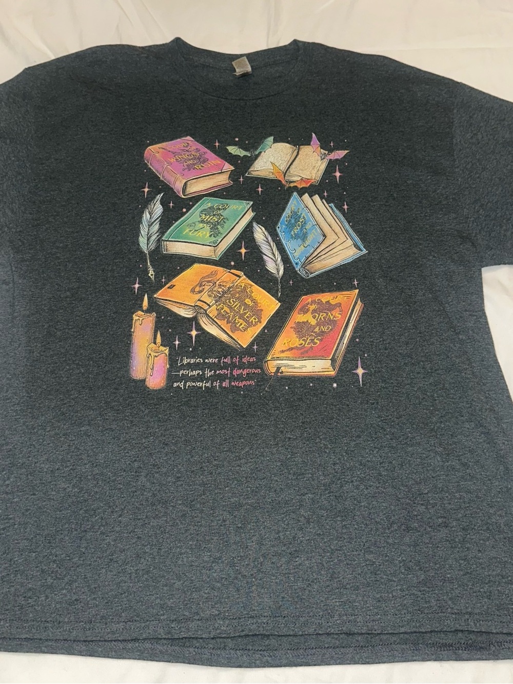 Gildan Charcoal Graphic Book-Print Long Sleeve Tee